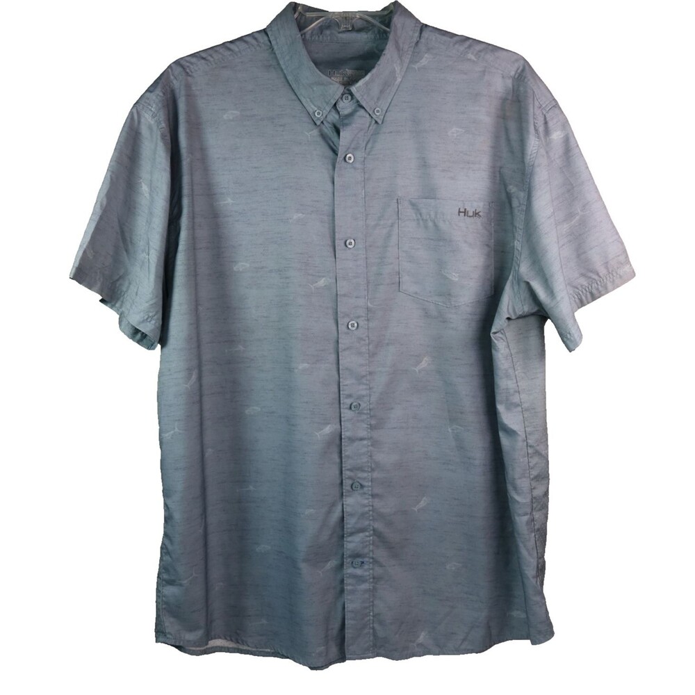 HUK Short Sleeve Woven Teaser Fishing Shirt Men's XXL Sliver Blue Fish Motif